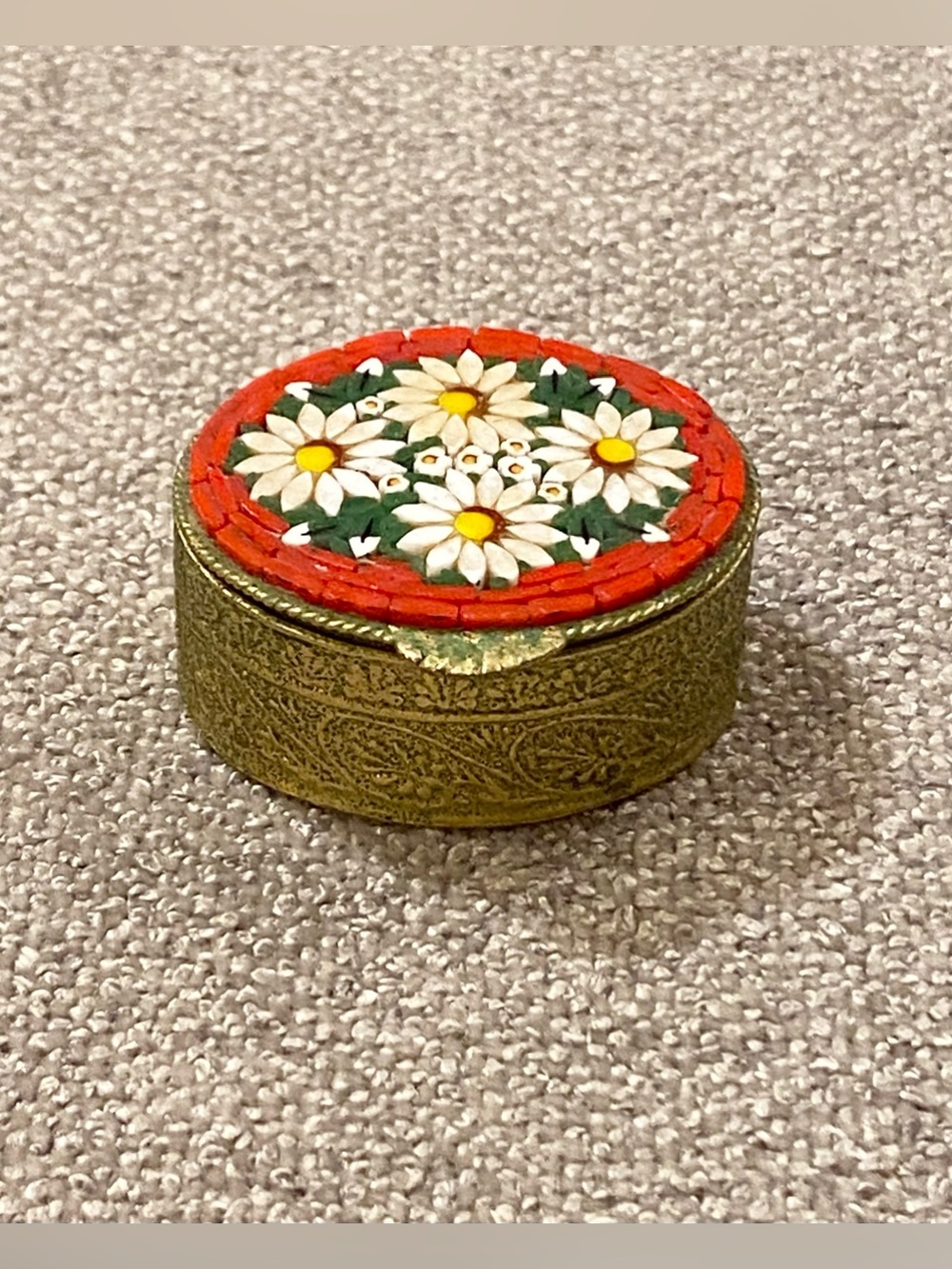 VTG 50s Italian Micro Mosaic Pill Box Floral Daisy Trinket Brass Marked Italy